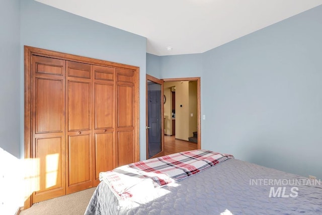 carpeted bedroom with a closet