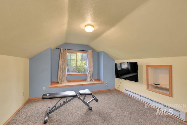 additional living space with carpet, a baseboard radiator, and lofted ceiling