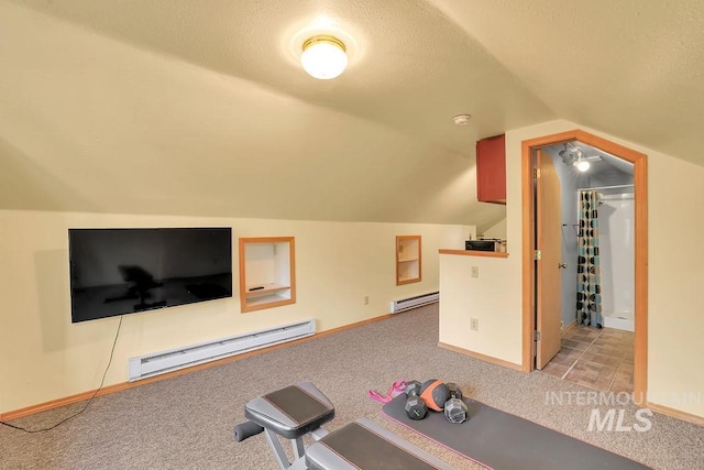 workout area featuring light carpet, baseboard heating, and lofted ceiling