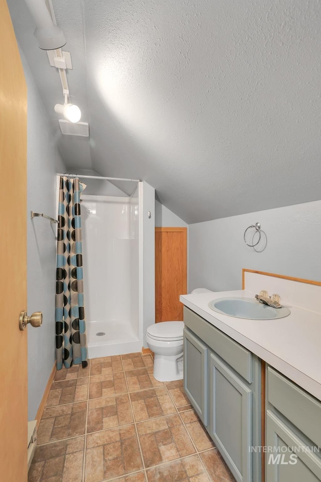 bathroom with toilet, vanity, vaulted ceiling, and walk in shower