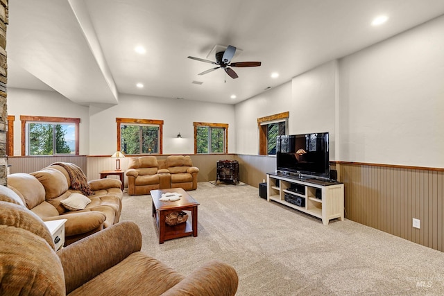 84 Jughandle Dr, Mccall, ID 83638 - carpeted living area featuring wainscoting, a ceiling fan, and recessed lighting