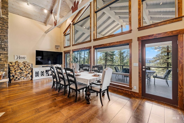 84 Jughandle Dr, Mccall, ID 83638 - dining space with wooden ceiling, high vaulted ceiling, hardwood / wood-style floors, and beam ceiling