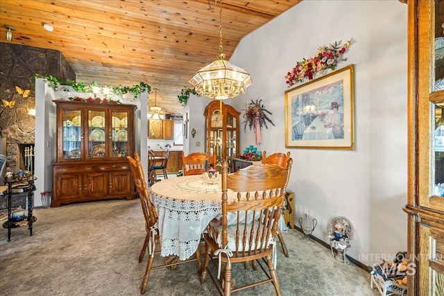 2503 Lyle Ct, Nampa, ID 83651 - dining area with carpet flooring, wooden ceiling, a chandelier, and vaulted ceiling