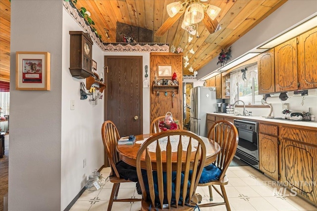 2503 Lyle Ct, Nampa, ID 83651 - dining space with wooden ceiling, ceiling fan, and light tile patterned floors