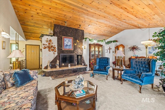 2503 Lyle Ct, Nampa, ID 83651 - living area featuring carpet flooring, lofted ceiling, wooden ceiling, and a glass covered fireplace