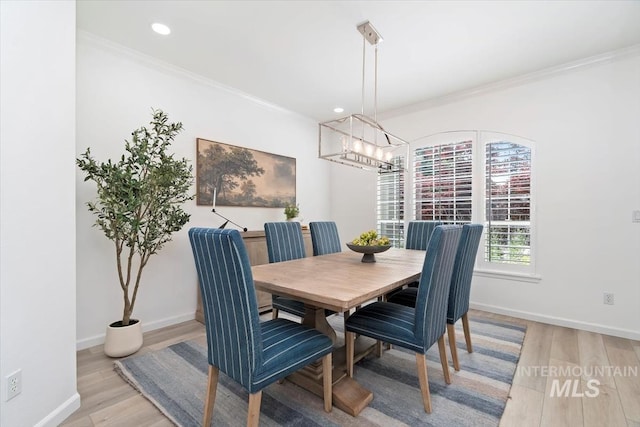 5446 E Branchwood Ct, Boise, ID 83716 - dining room featuring a chandelier, ornamental molding, light wood-type flooring, and recessed lighting