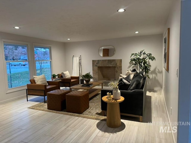 living room with light wood-type flooring and a premium fireplace