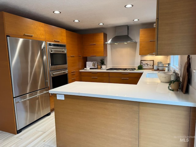 kitchen with sink, wall chimney exhaust hood, light wood-type flooring, kitchen peninsula, and stainless steel appliances