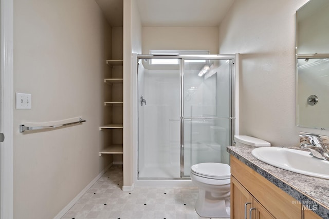 full bath featuring a stall shower, toilet, vanity, and baseboards