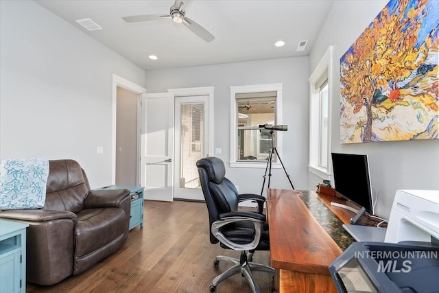 office space with visible vents, recessed lighting, ceiling fan, and wood finished floors