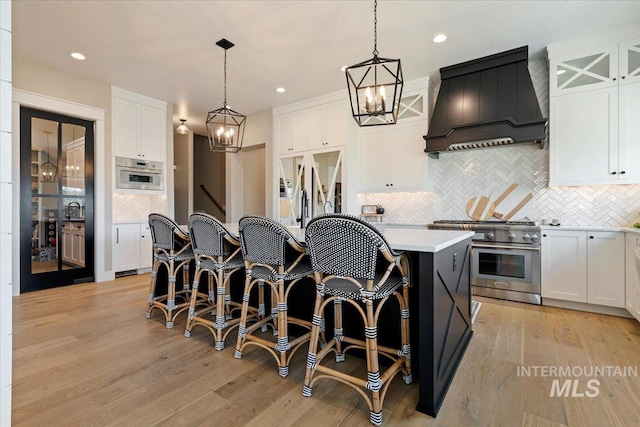 kitchen featuring white cabinets, premium range hood, and stainless steel appliances