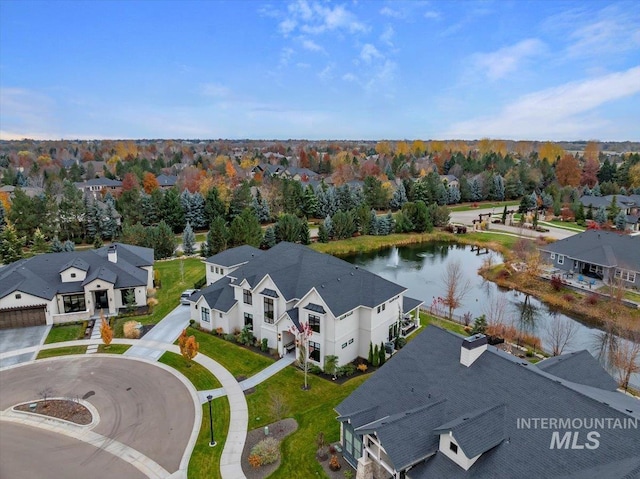 aerial view featuring a water view