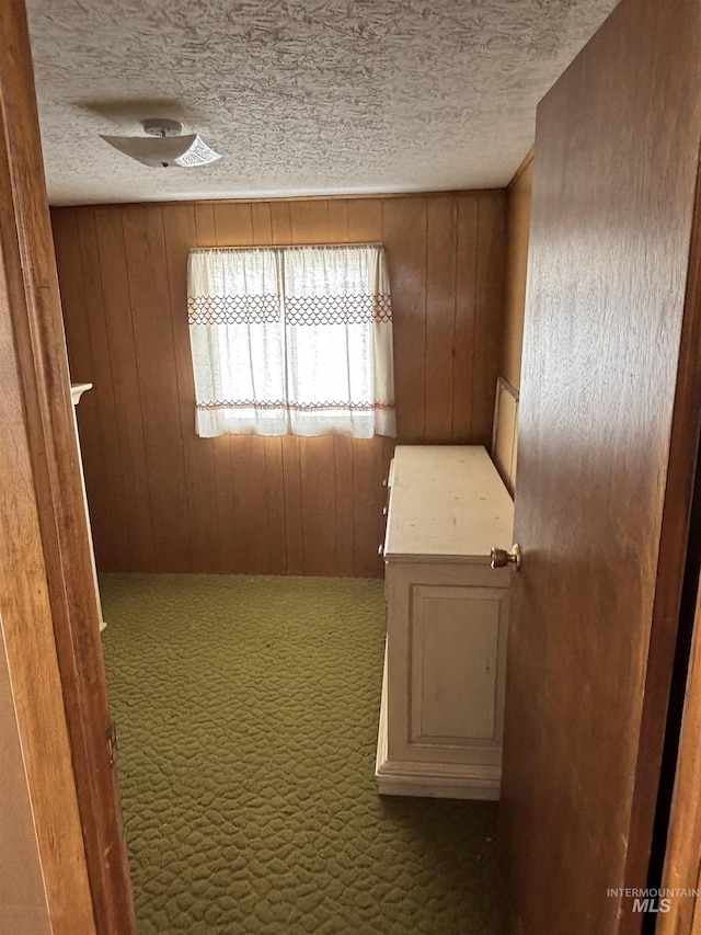 corridor featuring carpet, wood walls, and a textured ceiling