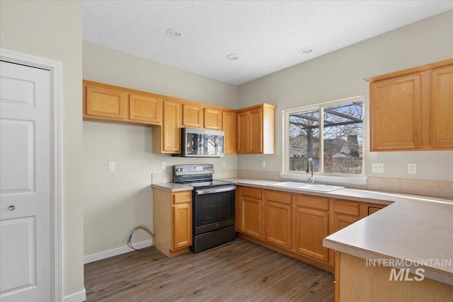 kitchen with black / electric stove, sink, and hardwood / wood-style floors