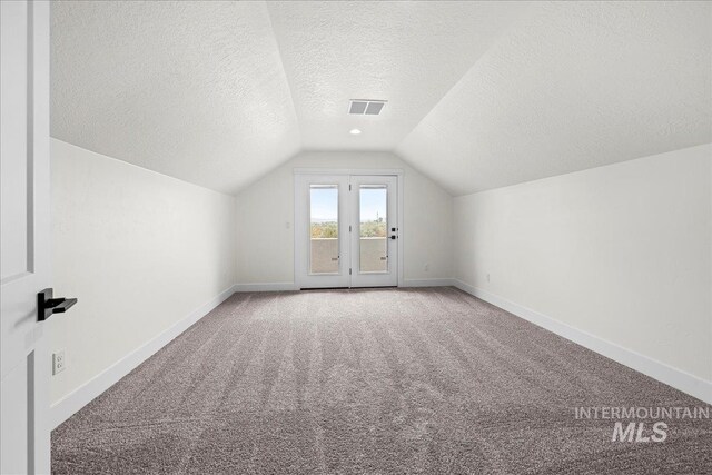 additional living space featuring vaulted ceiling, a textured ceiling, and carpet floors