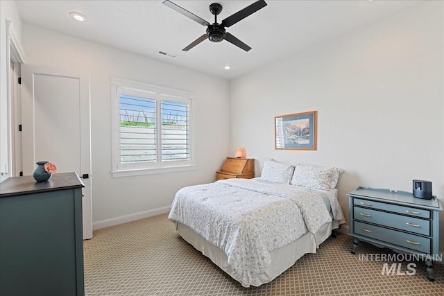 20150 Silver Spur Dr, Wilder, ID 83676 - bedroom featuring light carpet, baseboards, recessed lighting, and ceiling fan