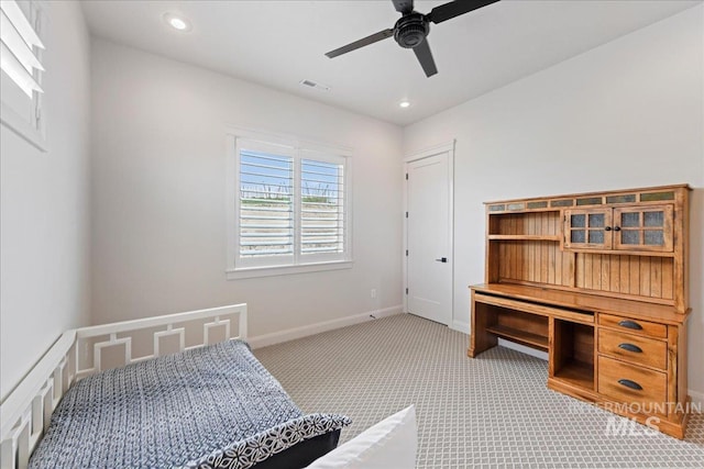 20150 Silver Spur Dr, Wilder, ID 83676 - bedroom with light carpet, baseboards, recessed lighting, and a ceiling fan