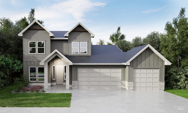 4628 N Camp Creek Ave, Meridian, ID 83646 - view of front facade with board and batten siding, driveway, and stone siding