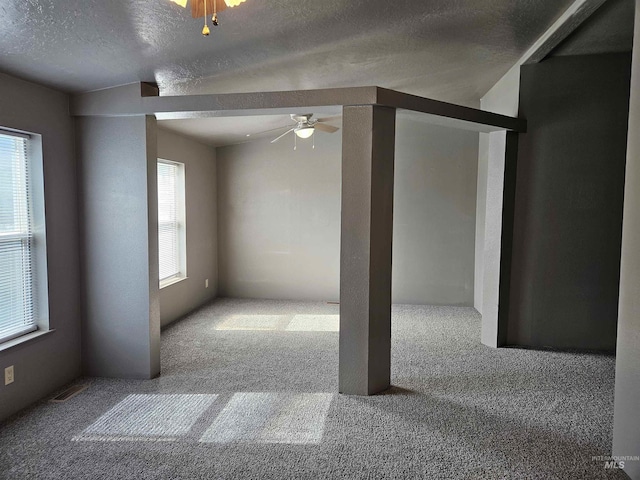 unfurnished room featuring carpet, ceiling fan, and a healthy amount of sunlight