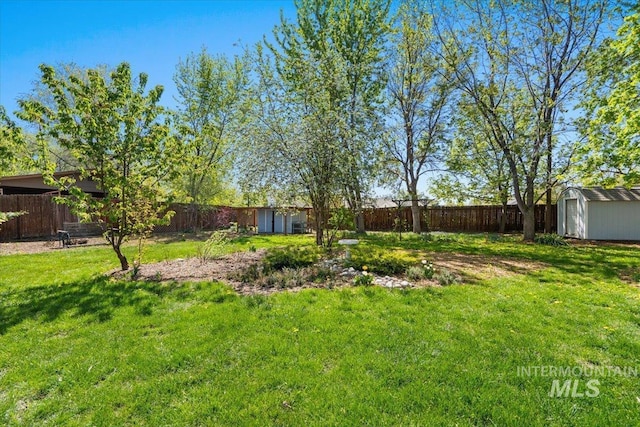 view of yard featuring a fenced backyard, a storage unit, and an outdoor structure