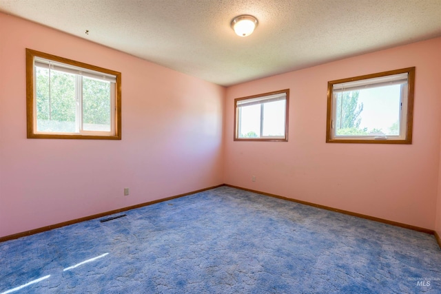 spare room featuring visible vents, a textured ceiling, baseboards, and carpet floors