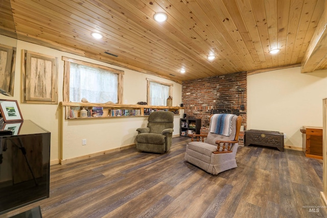 living area with wood finished floors, baseboards, a fireplace, recessed lighting, and wood ceiling