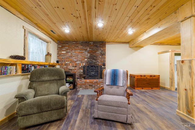 sitting room featuring recessed lighting, wooden ceiling, baseboards, and wood finished floors
