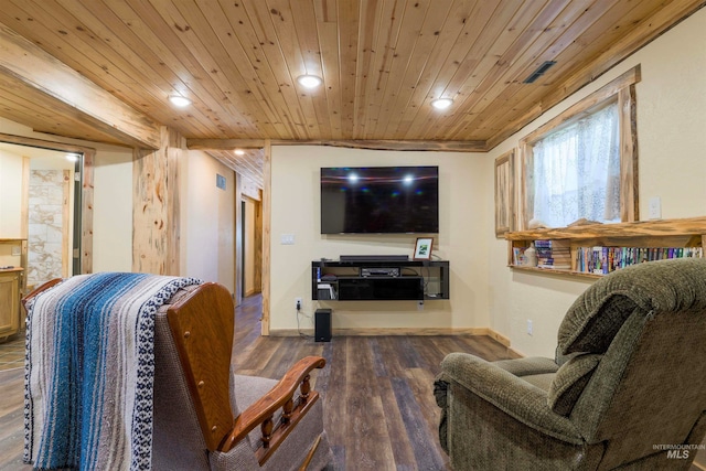 living area with recessed lighting, wood ceiling, baseboards, and wood finished floors