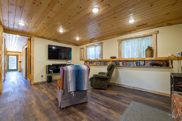 living area featuring wood ceiling, dark wood-style flooring, a wealth of natural light, and baseboards
