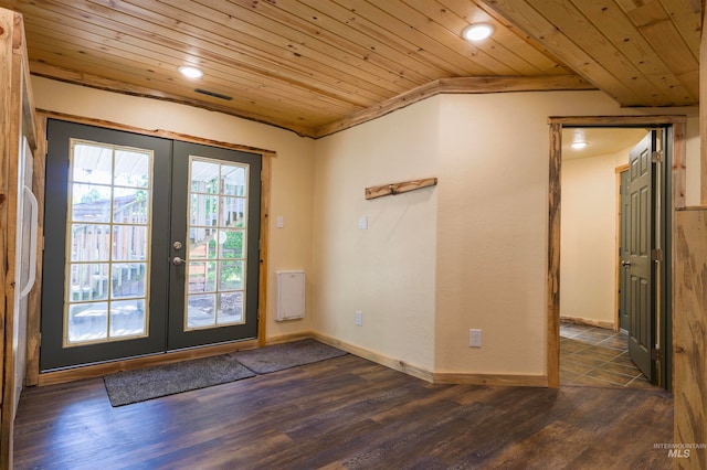 doorway featuring french doors, dark wood-type flooring, and wooden ceiling