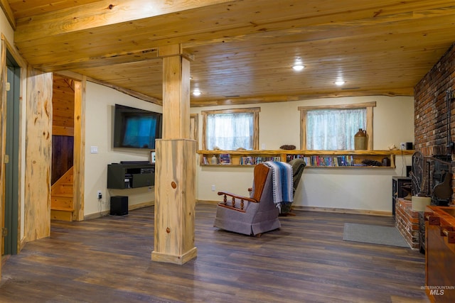 interior space with recessed lighting, wood ceiling, baseboards, and wood finished floors