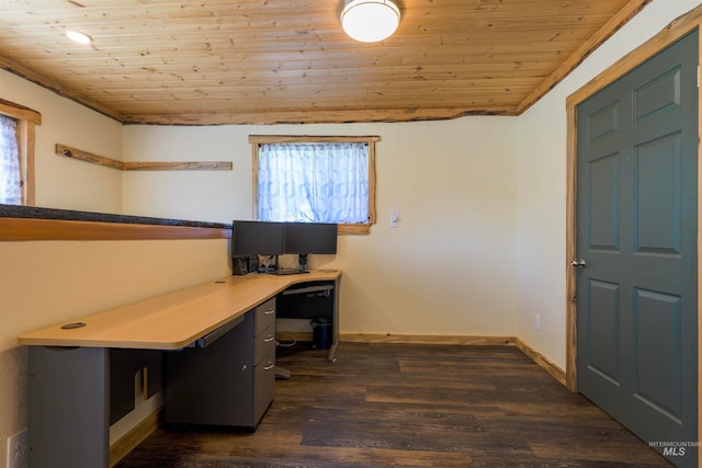 unfurnished office featuring dark wood finished floors, lofted ceiling, wood ceiling, and baseboards