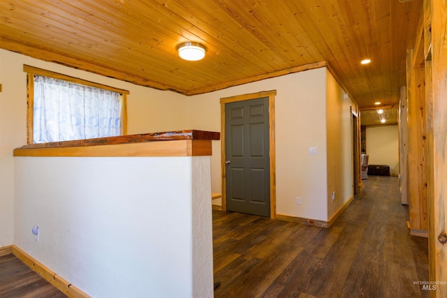 corridor featuring wooden ceiling, recessed lighting, baseboards, and dark wood-style flooring