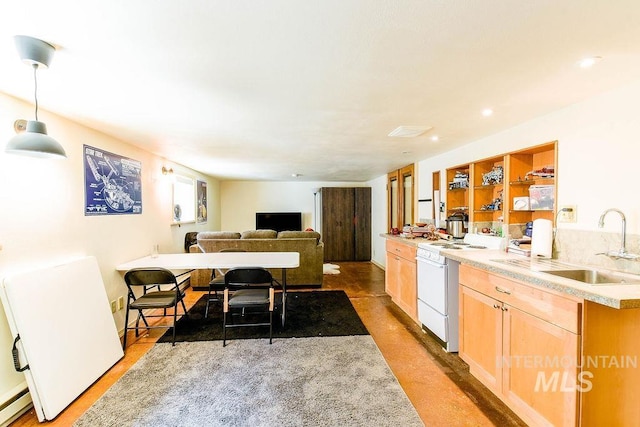 512 N Lincoln St, Moscow, ID 83843 - kitchen with recessed lighting, white electric stove, light brown cabinetry, light countertops, and a sink