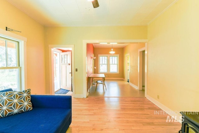 512 N Lincoln St, Moscow, ID 83843 - interior space with ceiling fan, baseboards, crown molding, and light wood-style flooring