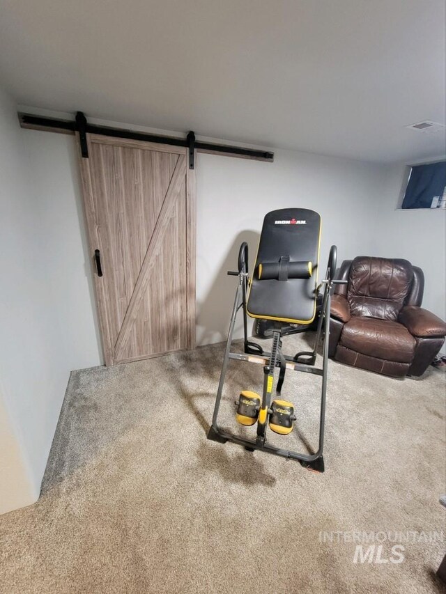 exercise area featuring carpet floors and a barn door