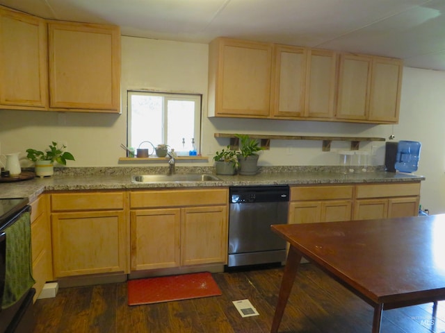 937 Indianhead Rd, Weiser, ID 83672 - kitchen featuring stainless steel dishwasher, a sink, light brown cabinets, and dark wood-style flooring