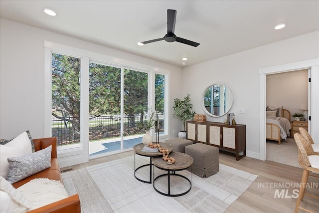 3892 W Stone House Ln, Eagle, ID 83616 - sitting room featuring a ceiling fan, recessed lighting, light wood-style flooring, and baseboards