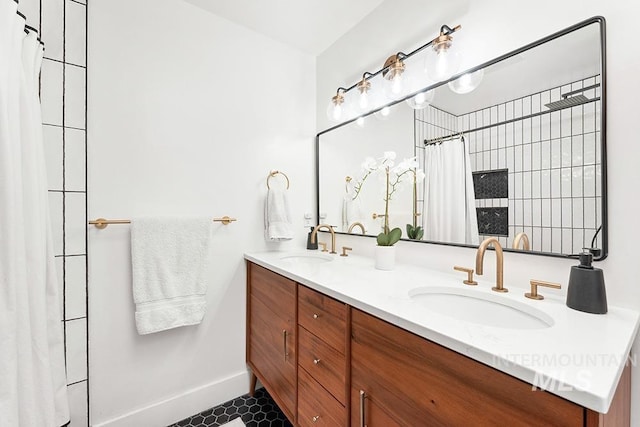 1866 S Goldking Way, Boise, ID 83709 - bathroom with double vanity, a shower with shower curtain, and baseboards