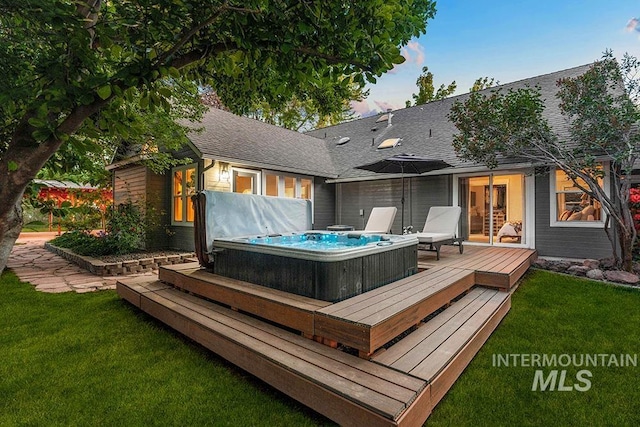 1866 S Goldking Way, Boise, ID 83709 - deck featuring a covered hot tub and a lawn