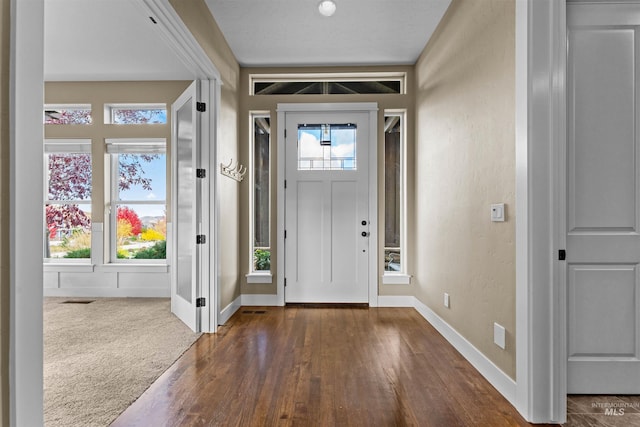 foyer entrance with dark wood-type flooring and plenty of natural light