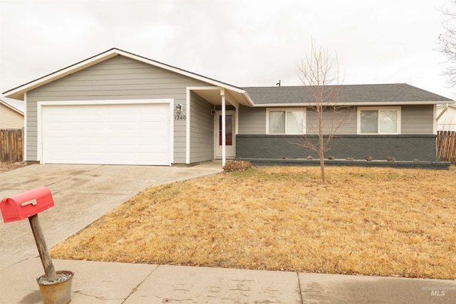 single story home with an attached garage, brick siding, fence, driveway, and a front lawn