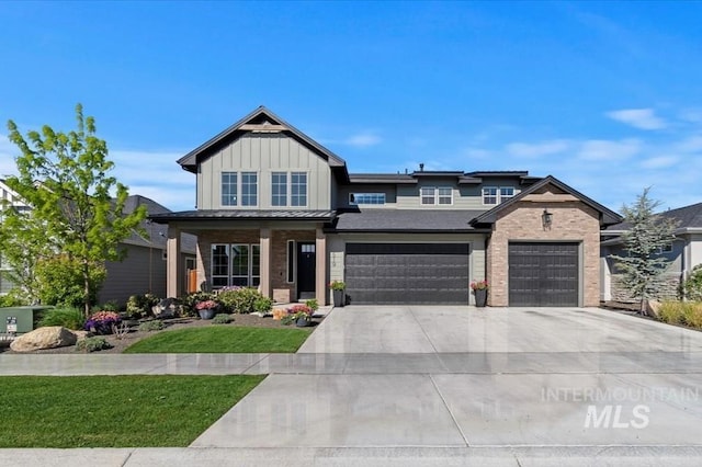 view of front of house featuring driveway, board and batten siding, an attached garage, and brick siding
