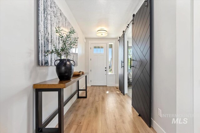 doorway with light wood-style flooring, a barn door, and baseboards