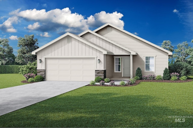 view of front of house with a garage, driveway, stone siding, board and batten siding, and a front yard