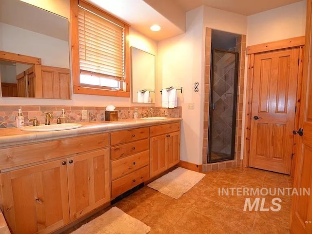 1319 Hearthstone Ct Unit 3-A, Mccall, ID 83638 - bathroom with a stall shower, double vanity, tasteful backsplash, and tile patterned floors