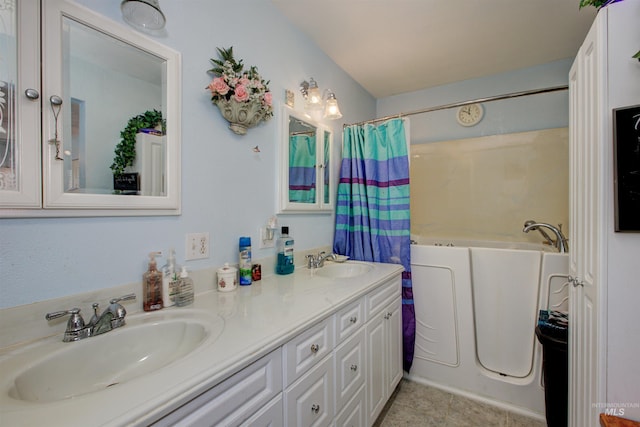 full bathroom featuring a shower with shower curtain, double vanity, a tub to relax in, and a sink