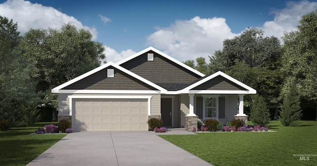 19140 Red Eagle Way, Caldwell, ID 83605 - craftsman inspired home featuring stone siding, driveway, an attached garage, and a front lawn