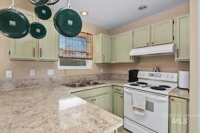 kitchen with a textured ceiling, white range with electric stovetop, and sink