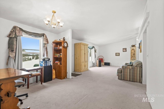 interior space featuring light colored carpet, vaulted ceiling, and an inviting chandelier